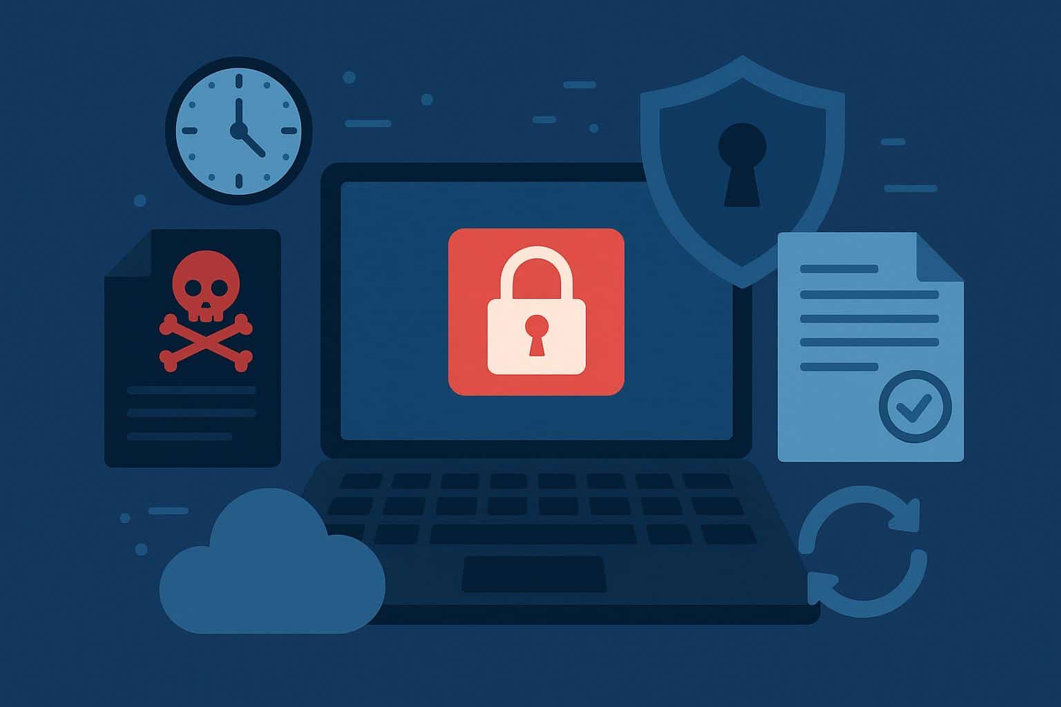 Ransomware recovery process illustrated with system data flow and cybersecurity icons