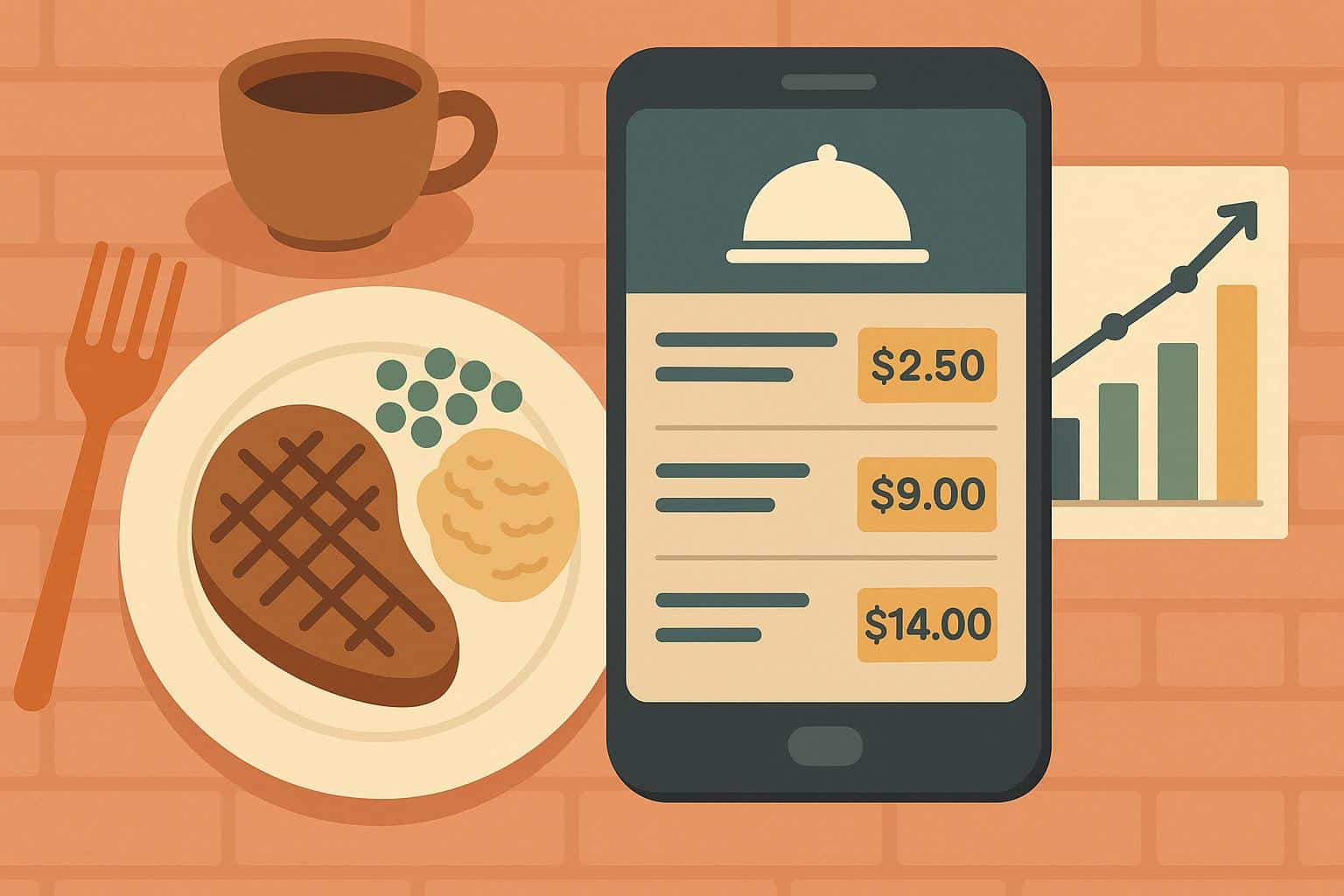 Digital restaurant menu displaying fluctuating food prices, illustrating dynamic pricing trends