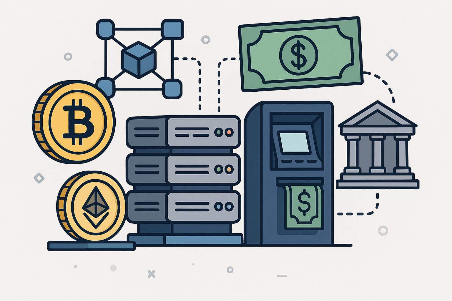 Digital network connecting cryptocurrency symbols to traditional banking and currency icons