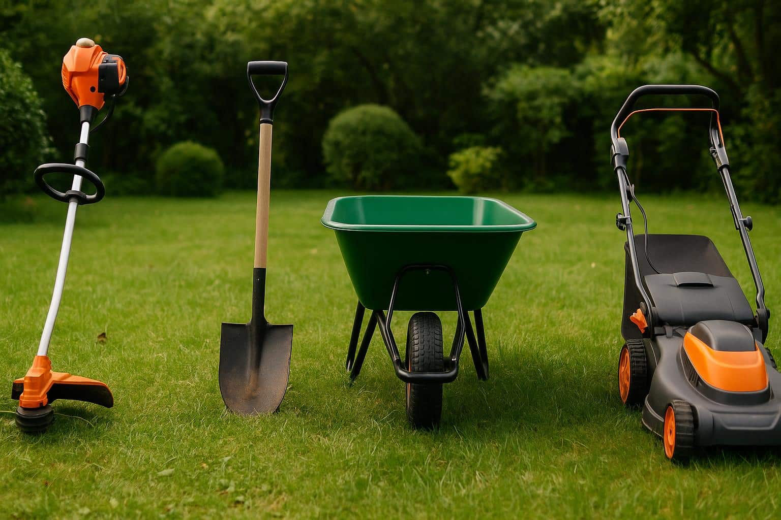 Assorted outdoor tools and equipment arranged on grass for various yard maintenance tasks