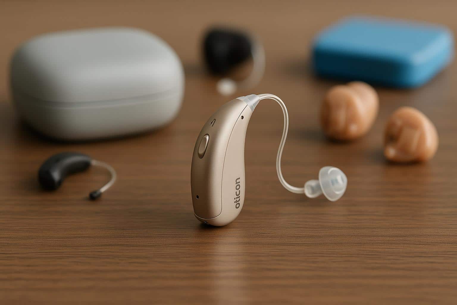 Oticon hearing aids displayed alongside branded packaging at authorized retailer counter