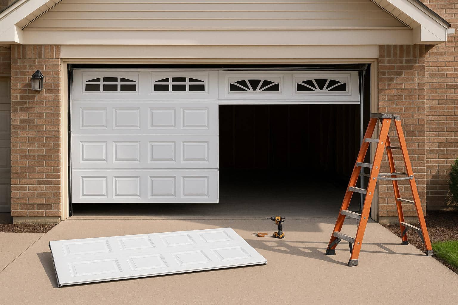 Modern garage door being installed on suburban home exterior, highlighting replacement process
