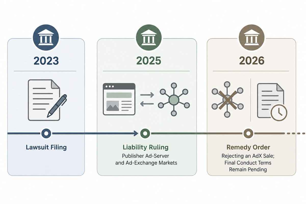 Conceptual timeline showing the Google ad-tech lawsuit, liability ruling and remedy phase.