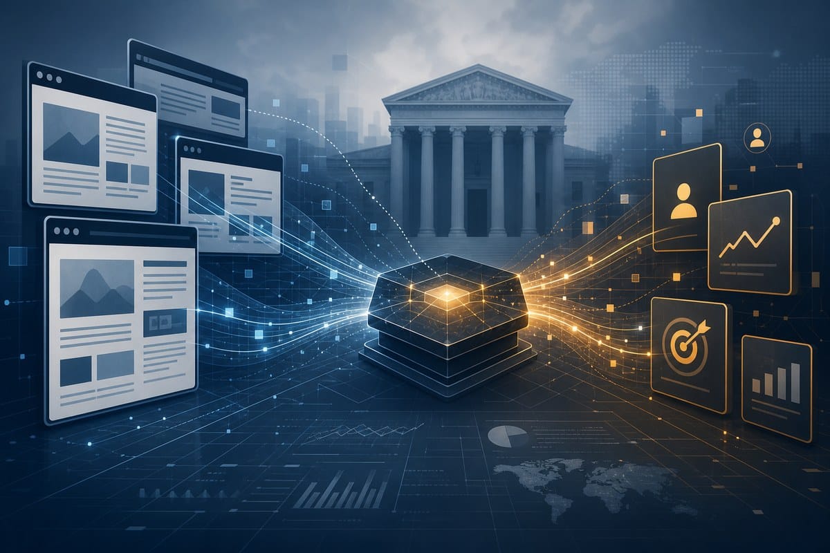 Abstract advertising exchange network connected to publisher and advertiser panels with a courthouse in the background.