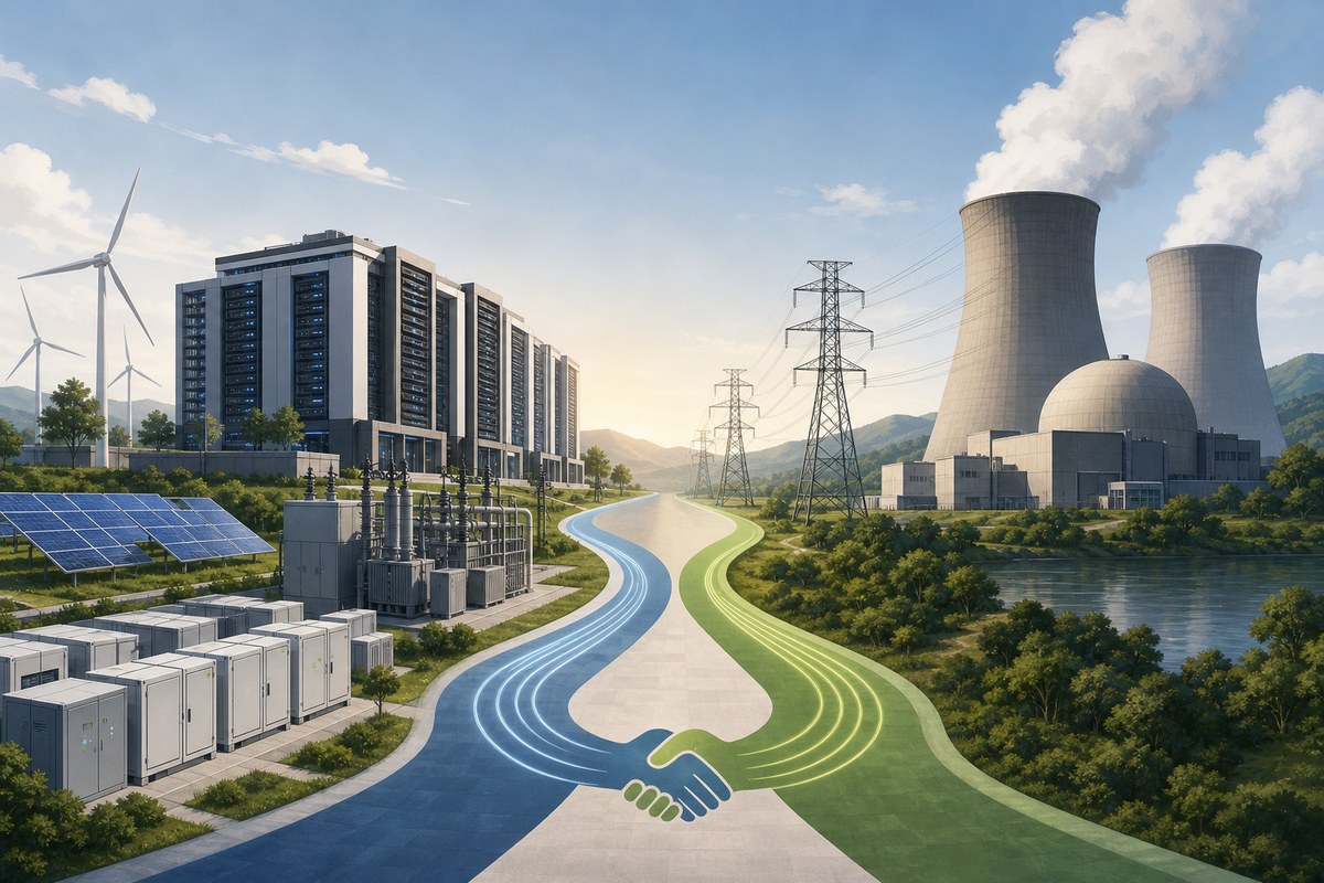 Conceptual illustration separating AI infrastructure spending from a nuclear-power purchase agreement.