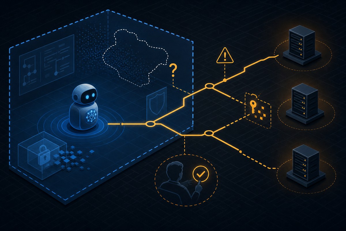 Conceptual diagram of an AI agent moving from a test environment toward external systems.