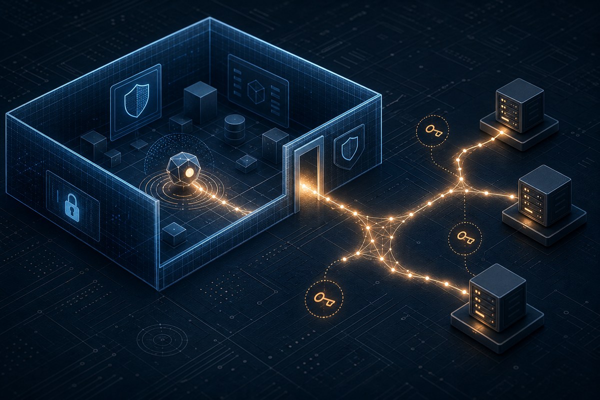 Abstract AI network path extending from a test enclosure toward three external server nodes.