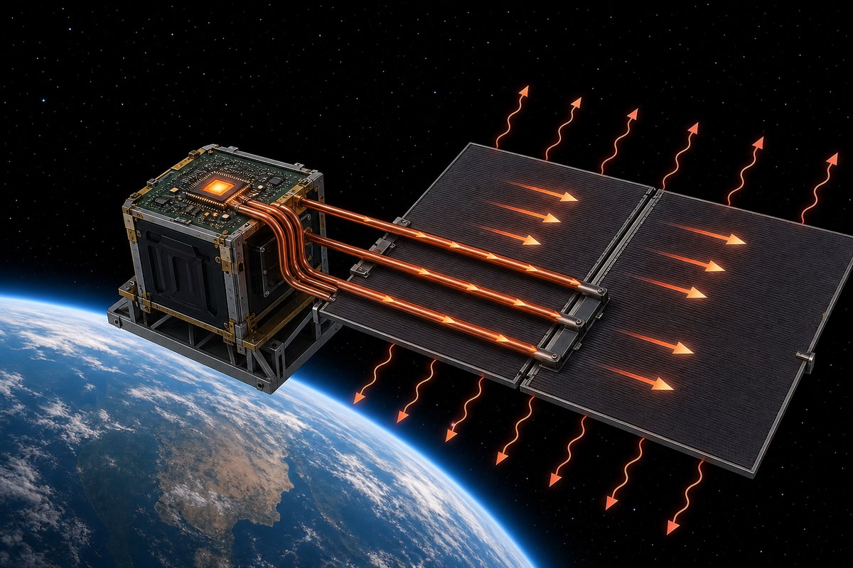 Satellite cutaway showing processor heat moving through pipes to external radiator panels