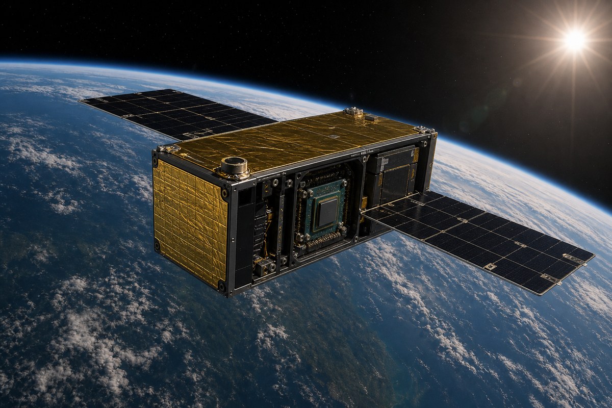 Conceptual satellite with radiator panels orbiting above Earth in sunlight
