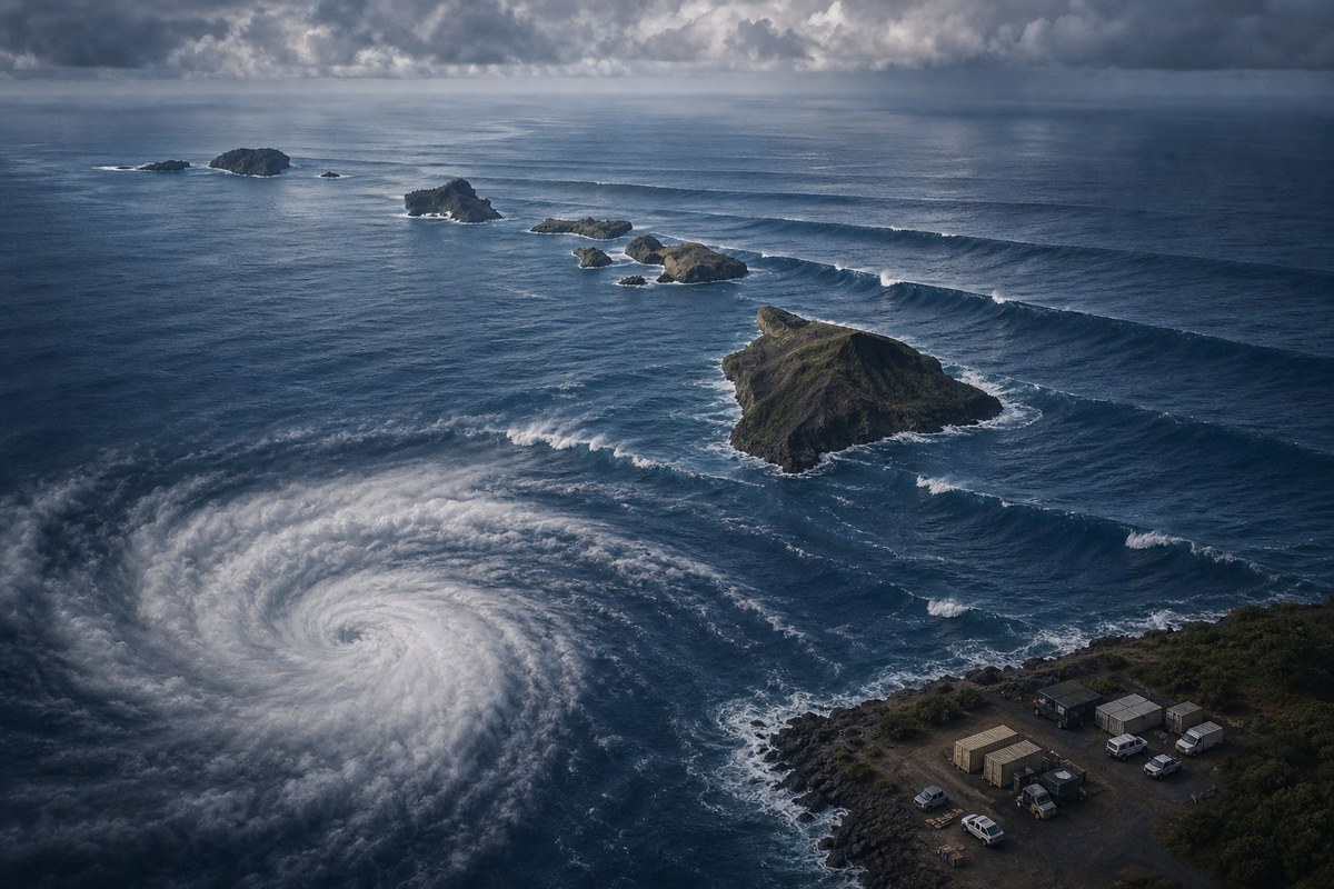 Illustration of Hawaiian islands with a hurricane offshore and swells approaching the coast
