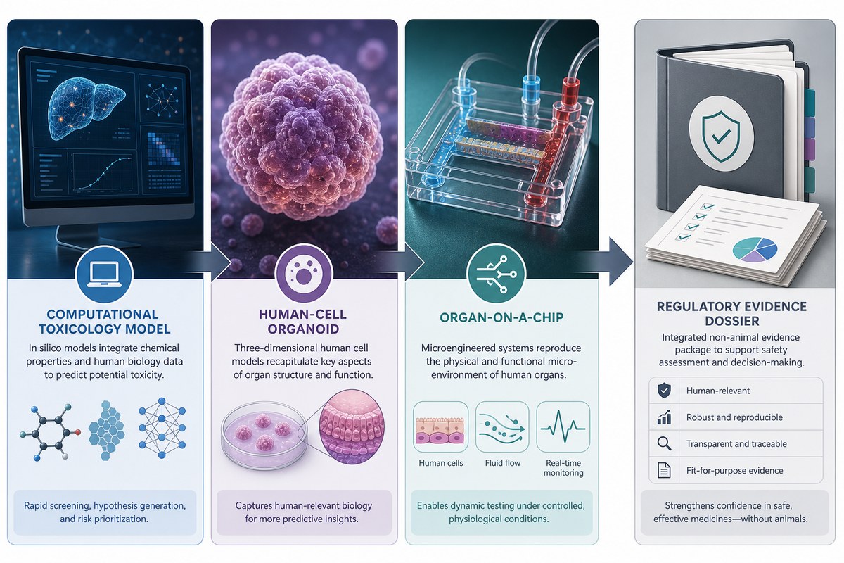 Illustration showing computational models, organoids and organ-on-a-chip systems contributing to a drug evidence package.