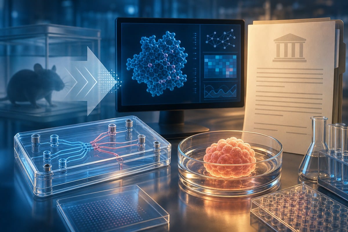 Conceptual laboratory scene with an organ-on-a-chip device, organoid culture and computer model.