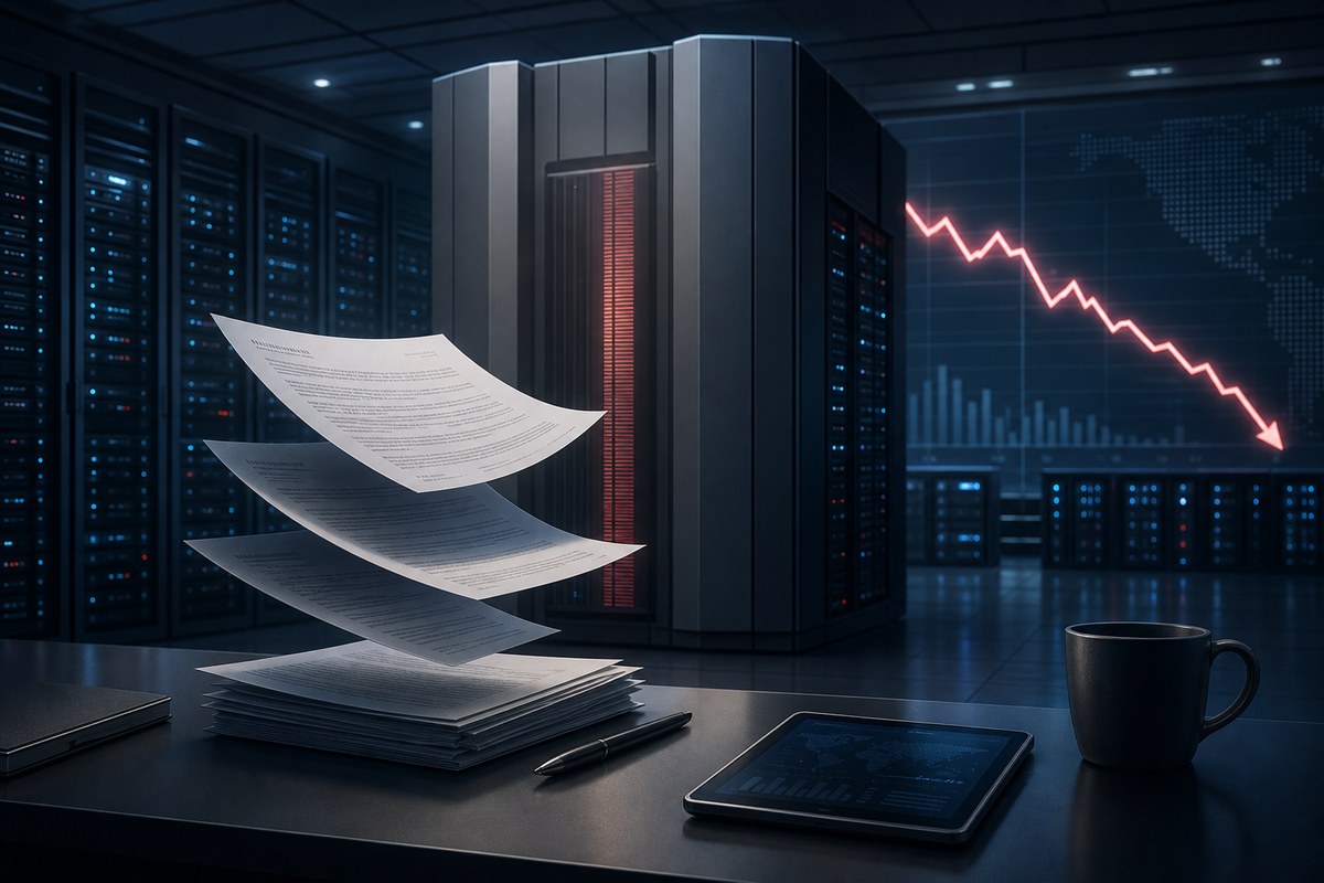 Abstract enterprise server room with paused deal documents and a falling market line.