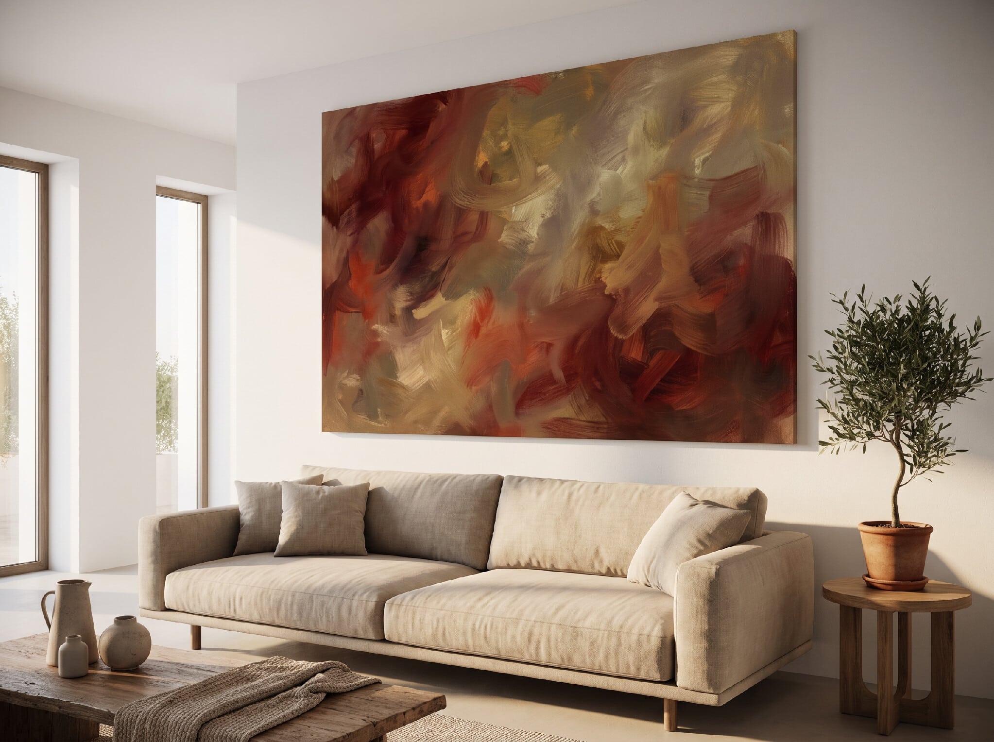 A large abstract canvas hung above a sofa as a room’s focal point