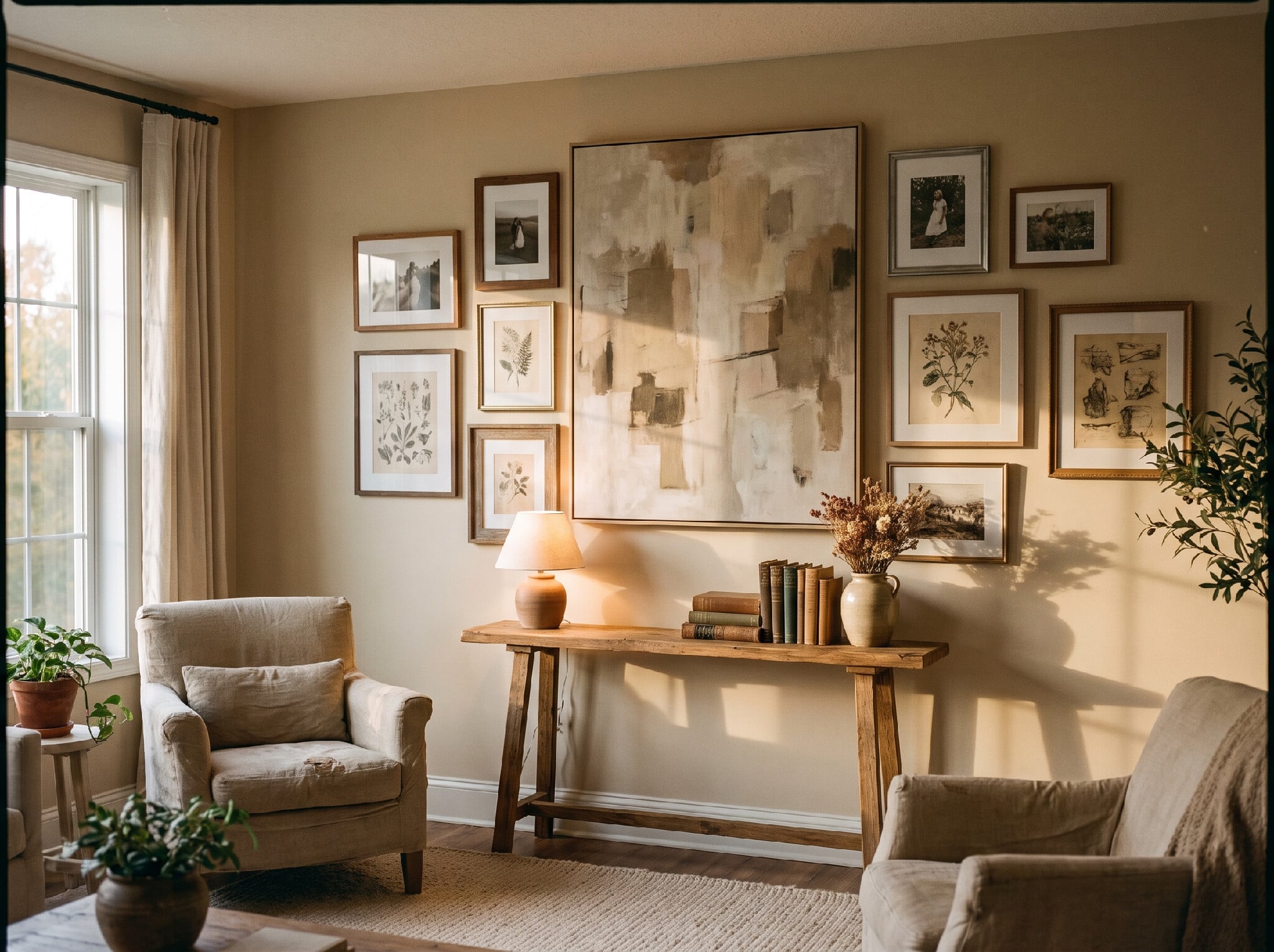 A styled gallery wall combining a large canvas with smaller framed pieces