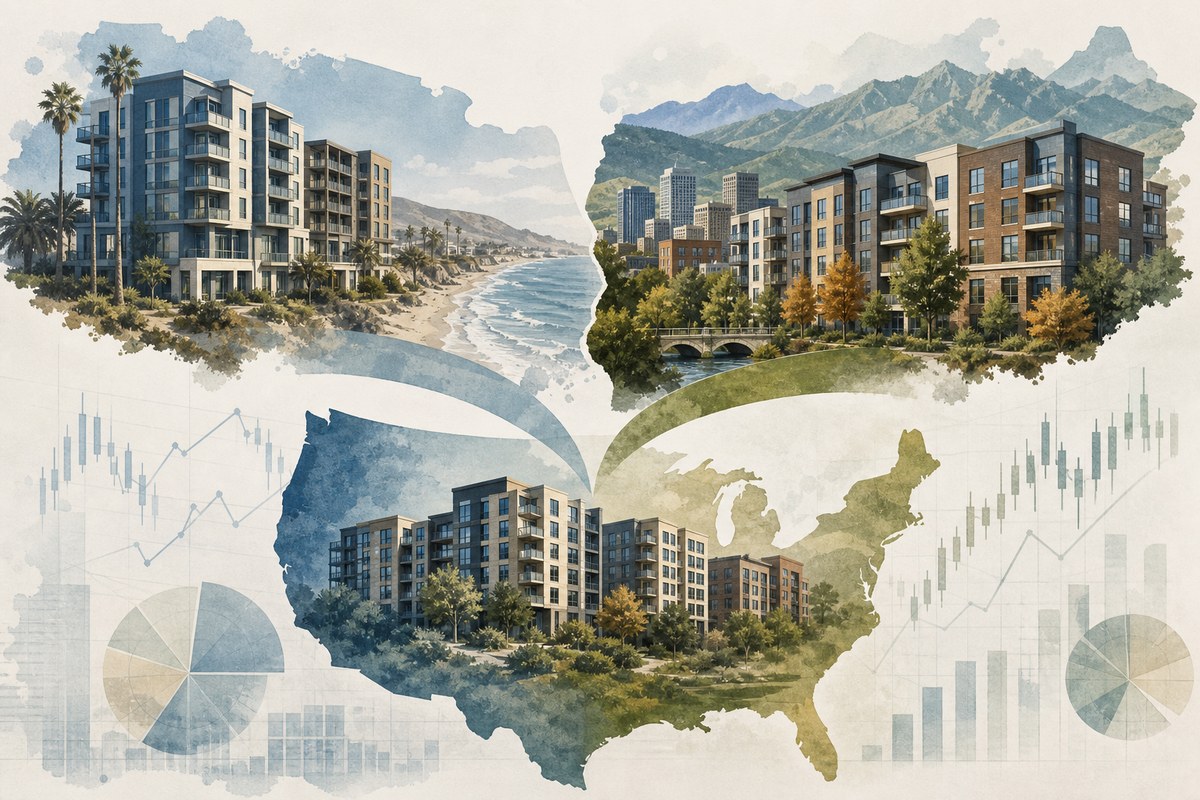 Two apartment building clusters merging into a larger regional real-estate portfolio illustration.