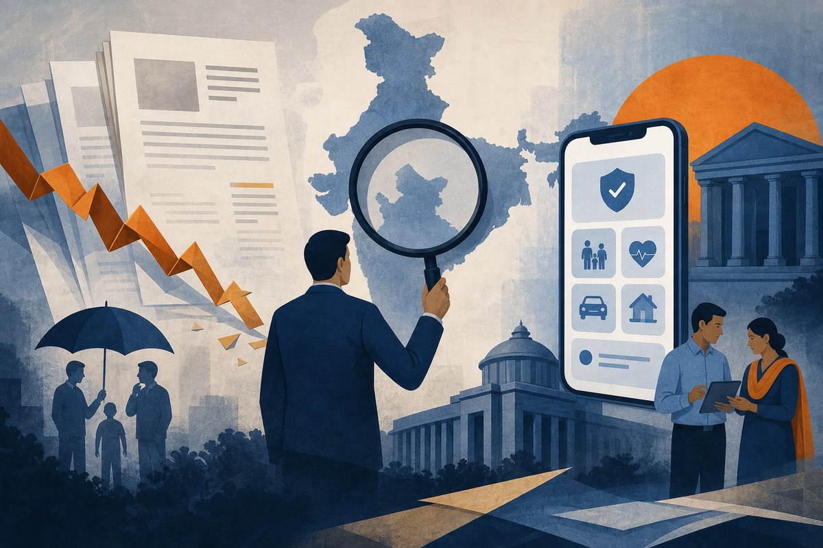 Conceptual illustration of insurance policies, a smartphone, bank channels and a falling market line.
