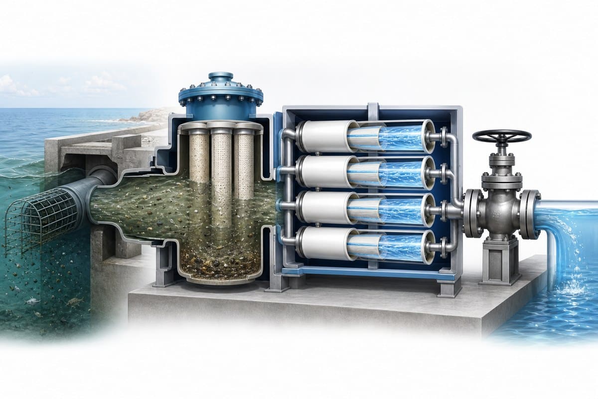 Conceptual diagram showing turbid seawater moving through desalination pre-treatment filters and membrane tubes