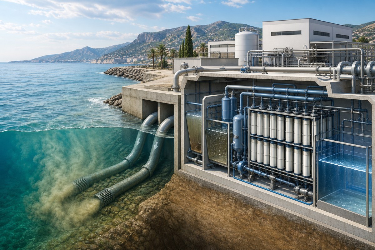 Conceptual cutaway of a coastal desalination plant filtering cloudy seawater