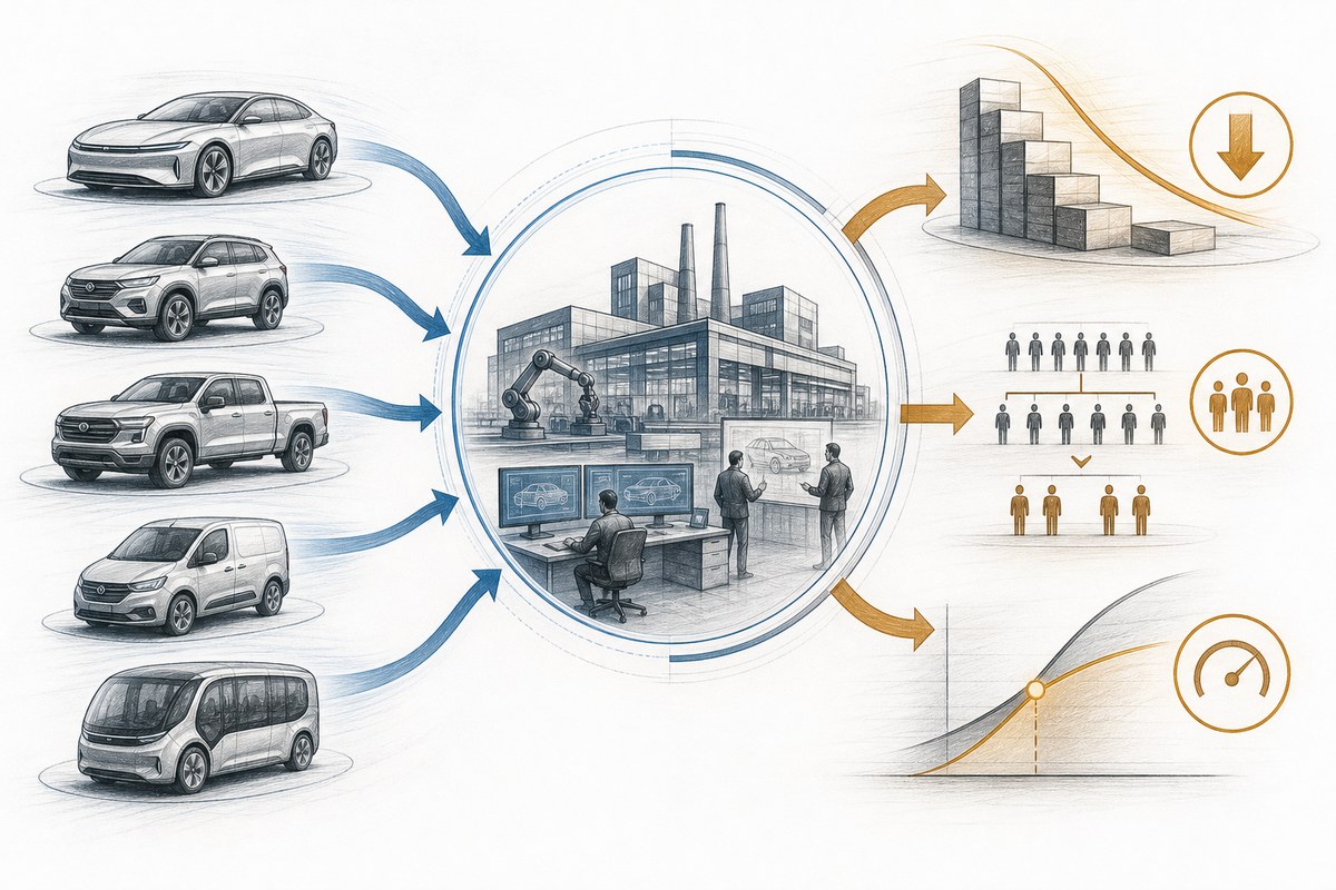 Conceptual diagram showing new vehicles, cost reductions and a lower break-even threshold feeding into an automotive business.