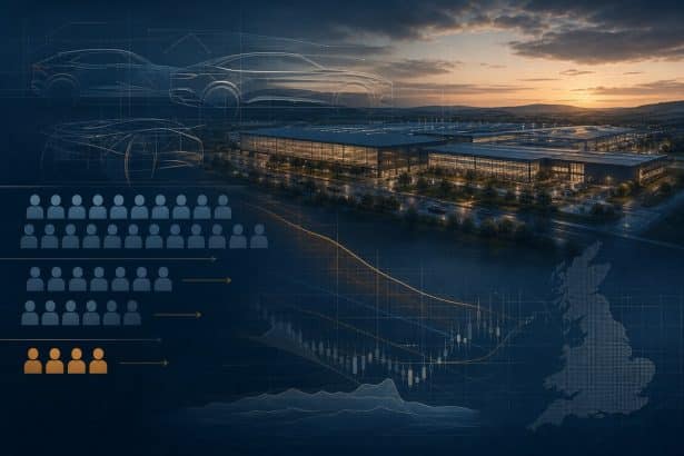 Conceptual automotive factory scene with vehicle silhouettes and reducing workforce icons.