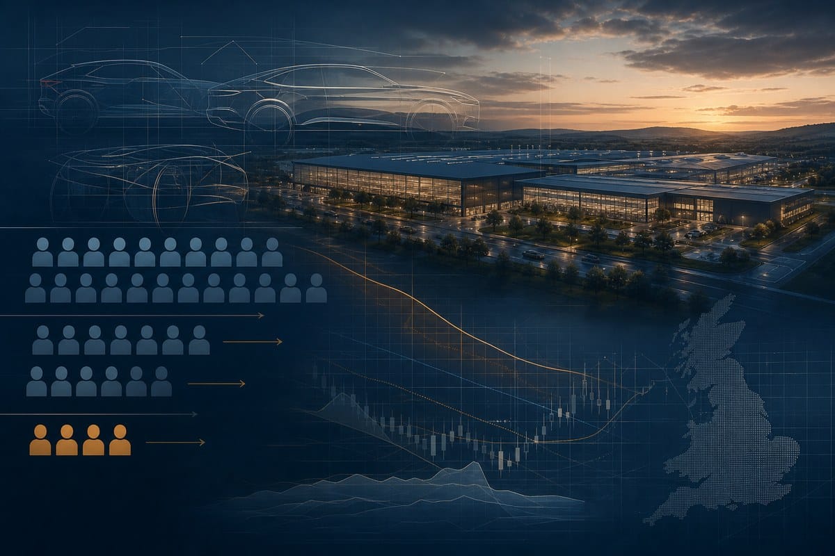 Conceptual automotive factory scene with vehicle silhouettes and reducing workforce icons.