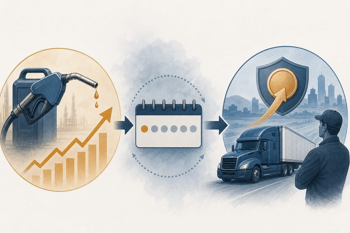 Conceptual diagram showing fuel-cost changes reaching freight surcharges after a delay.