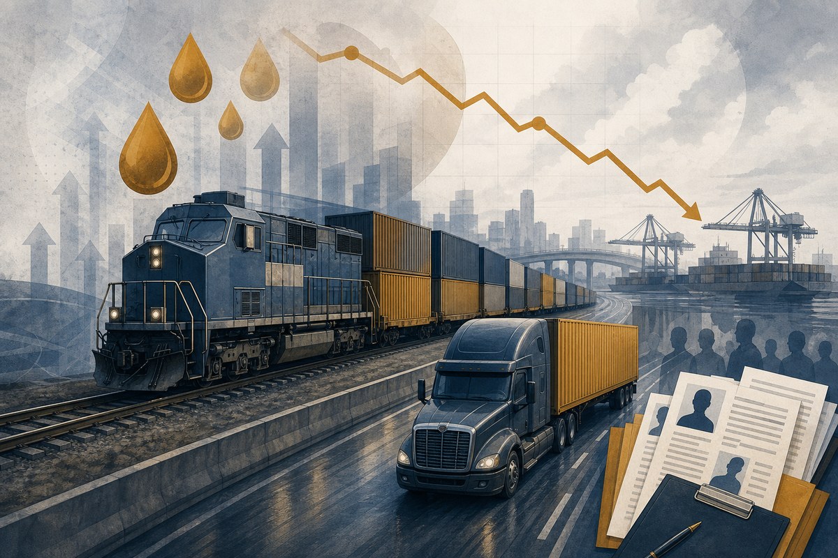 Stylized freight train and truck beside abstract fuel and cost symbols.