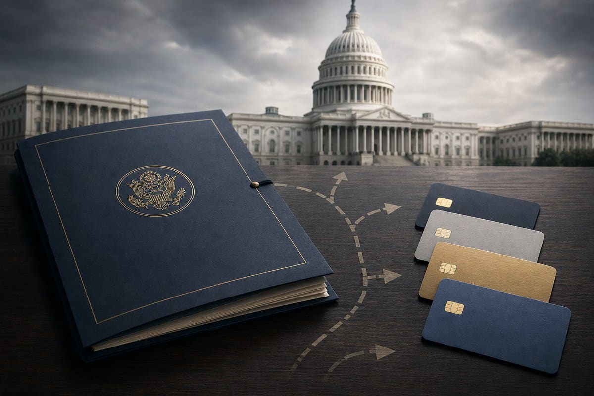 A Capitol building behind a proposal folder and unmarked payment cards