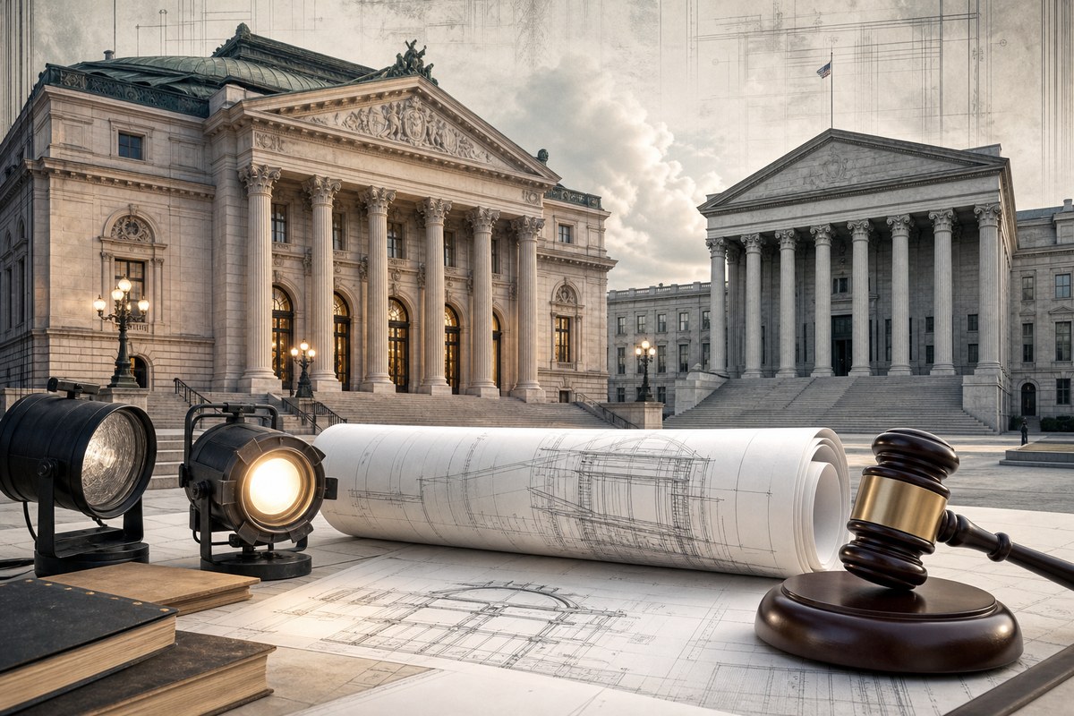 Editorial illustration of a performing arts building, courthouse and renovation blueprints