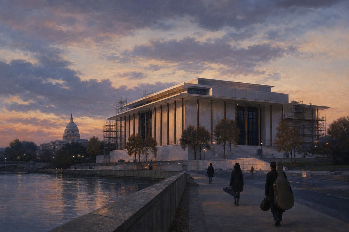A dimly lit modern performing arts building with empty steps and subtle scaffolding at dusk.