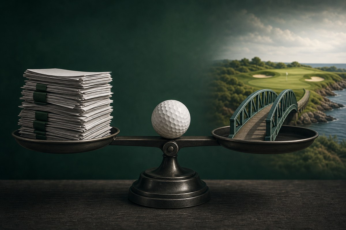 A golf ball balanced between creditor documents and a financing bridge