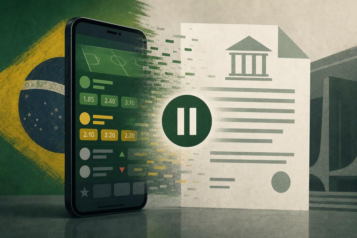 Editorial illustration of a smartphone betting interface halted beside a government document.