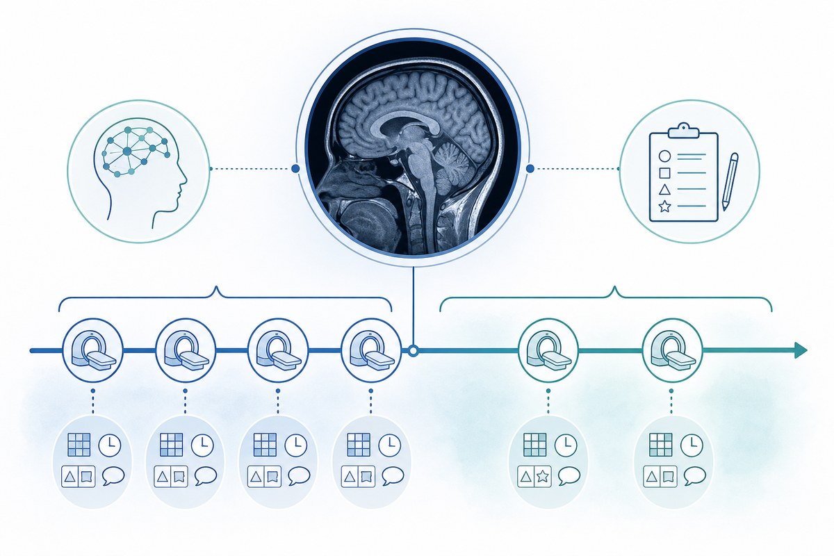 Conceptual illustration of repeated brain MRI monitoring and cognitive testing over follow-up.