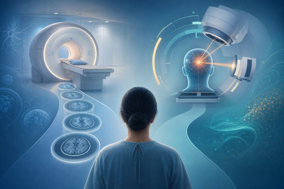 Editorial illustration of an MRI surveillance pathway beside preventive brain radiation planning.