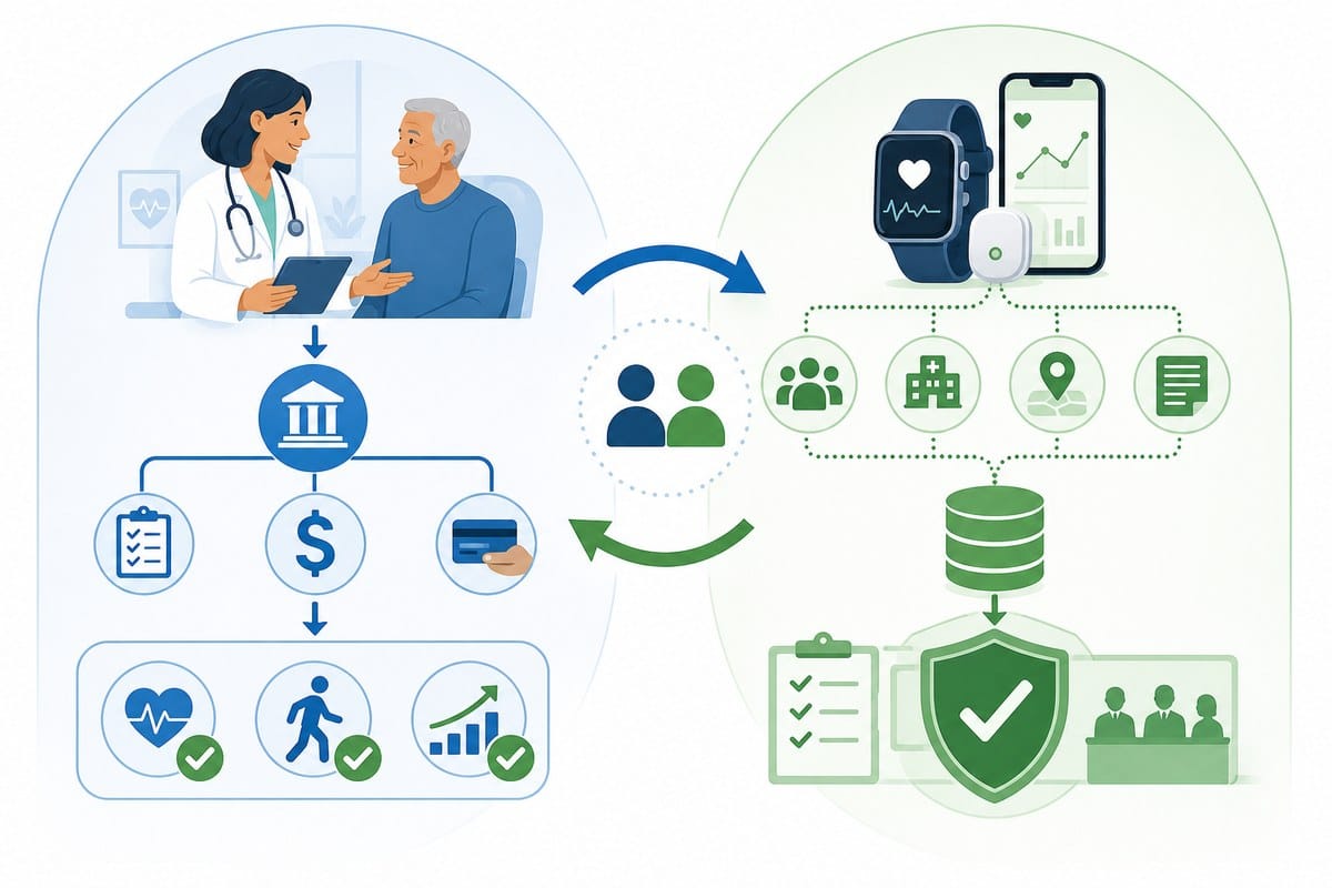Conceptual illustration showing a Medicare care-payment pathway alongside a separate digital-device evaluation pathway.