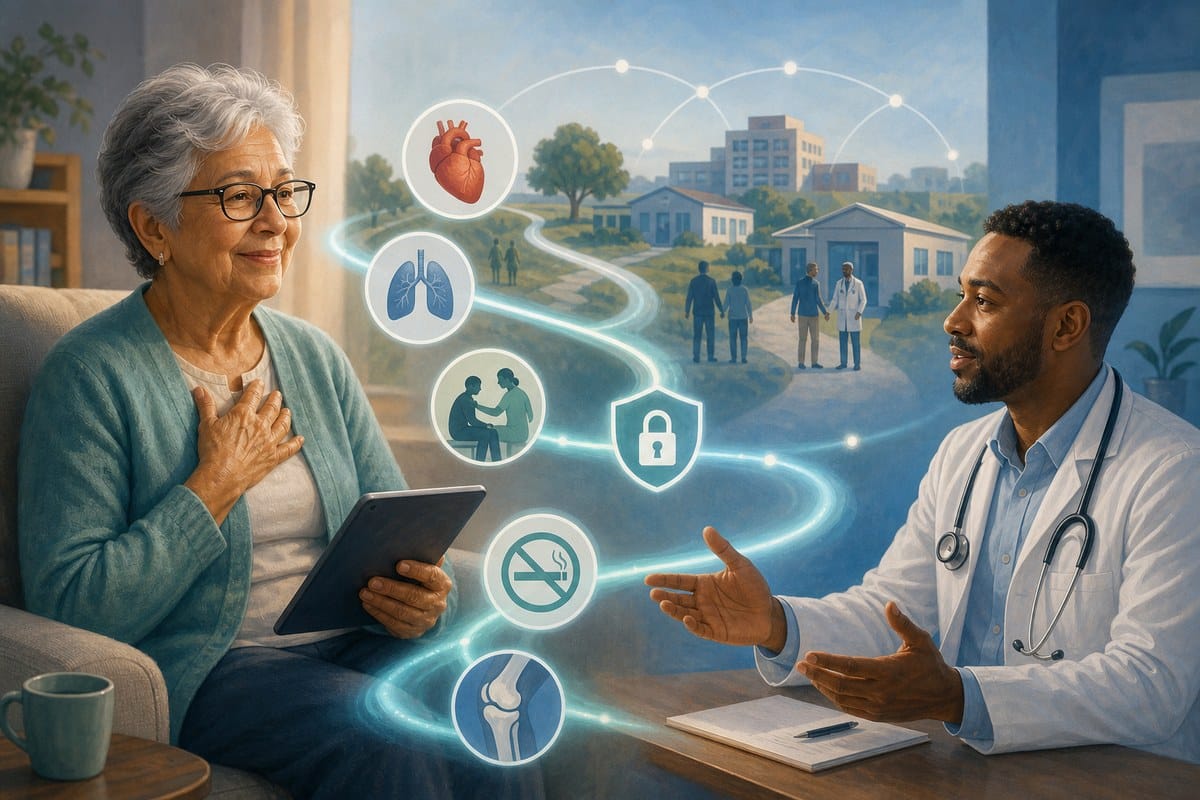 Illustration of a clinician and older adult connected through a digital chronic-care network with heart, lung and pain-care symbols.