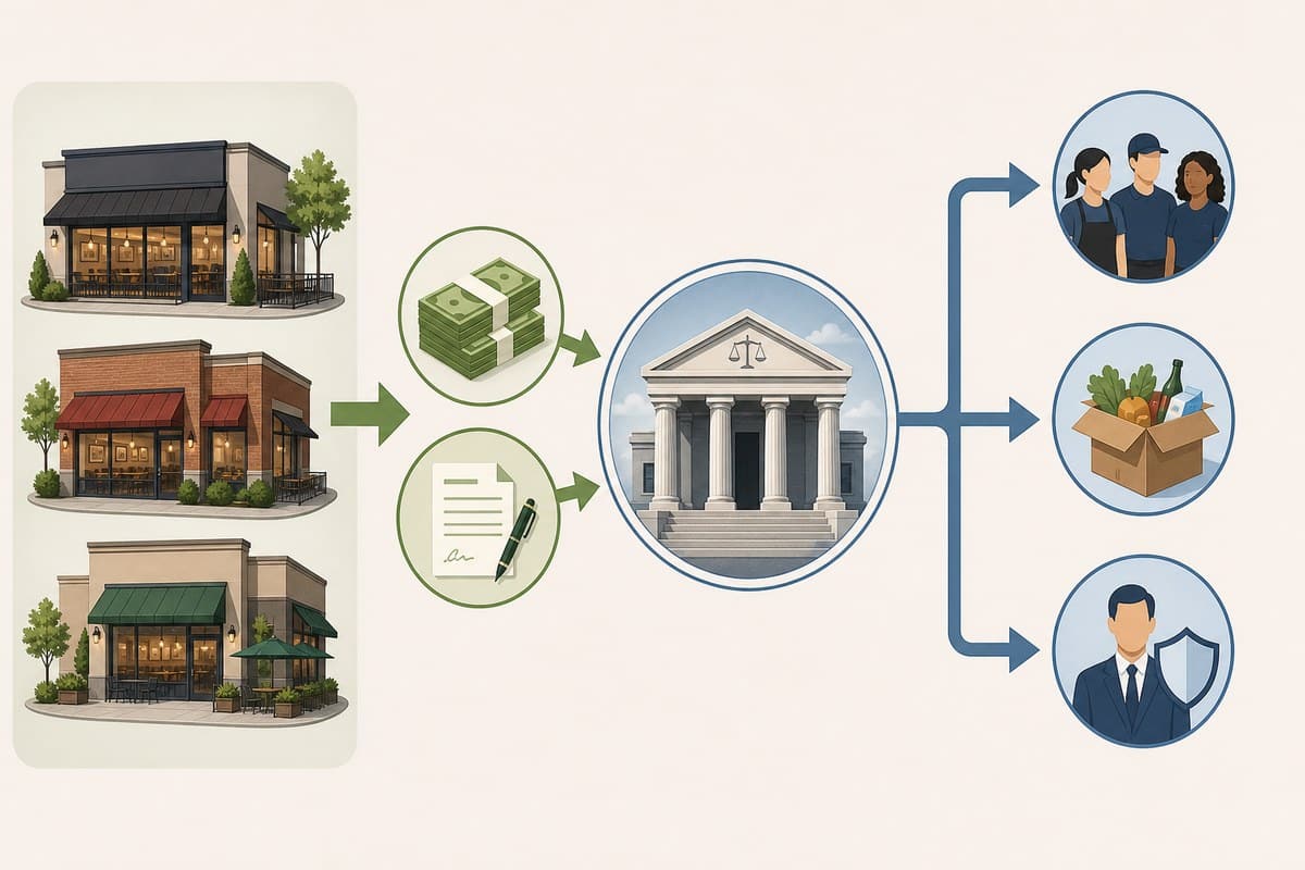 Conceptual diagram of restaurant operations, financing and creditors in a Chapter 11 restructuring