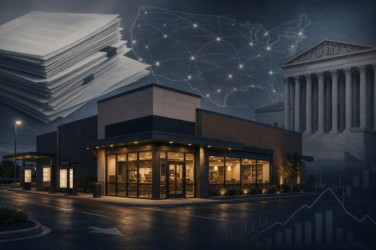 Illustration of a restaurant building beside financial documents and a courthouse silhouette