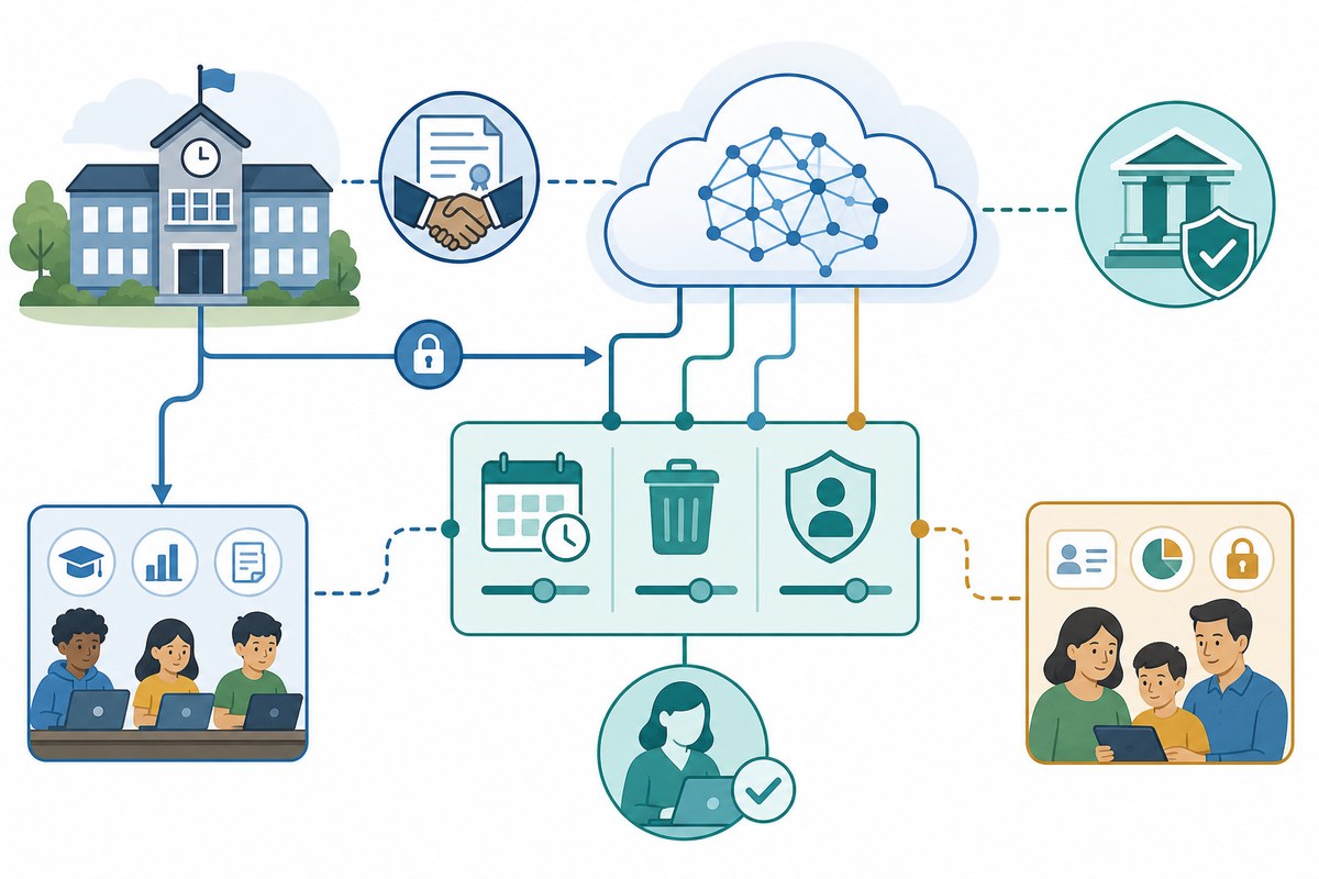 Conceptual diagram showing a school contract governing data, oversight, transparency and audit links to an AI service.