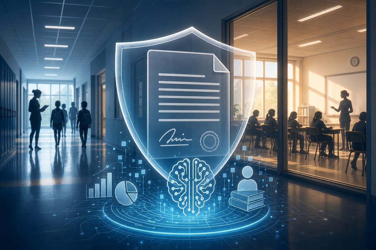 Conceptual school hallway with a transparent contract shield protecting abstract student data from an AI network.