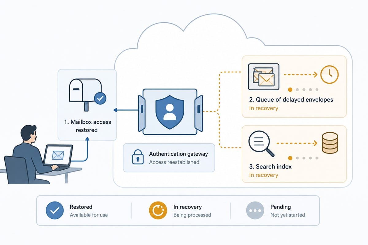 Diagram-like illustration showing mailbox access returning while email queues and search remain in recovery.