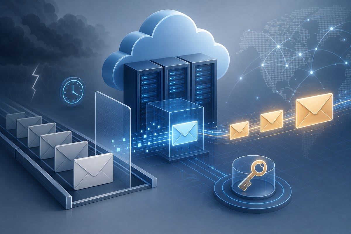 Abstract cloud email network with queued envelopes and an authentication key symbol.