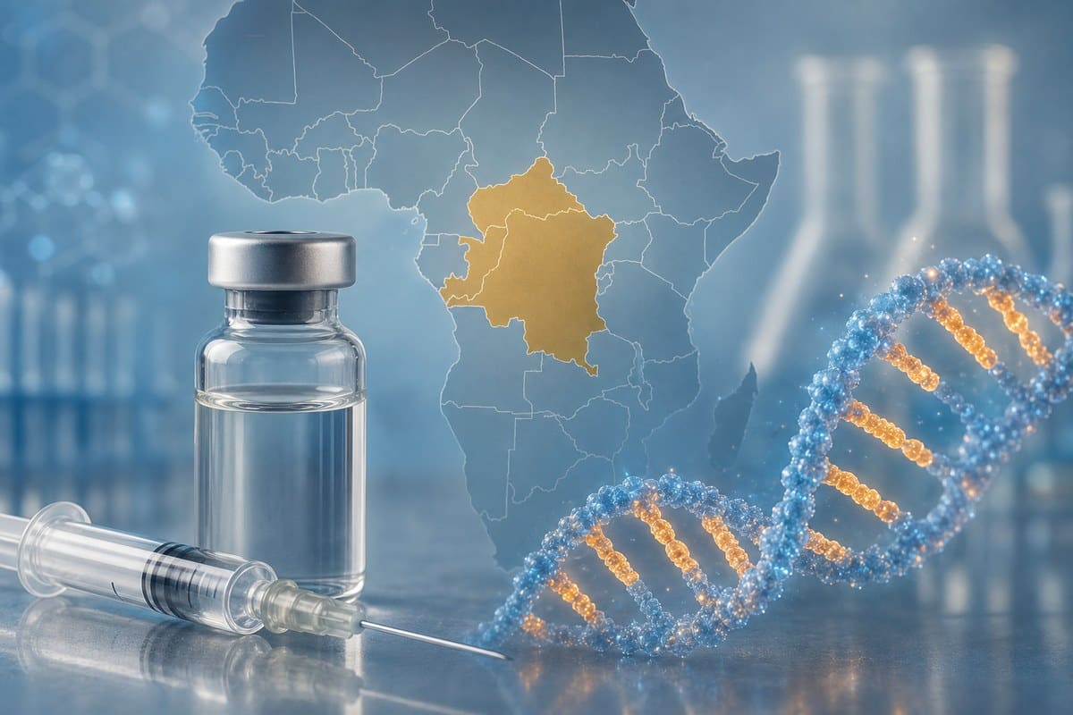 Illustration of an mRNA vaccine vial, molecular strand and abstract central Africa map