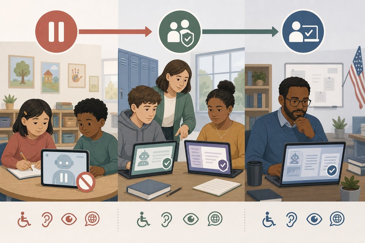 Conceptual diagram showing different AI rules for younger students, high-school pilots and teachers.