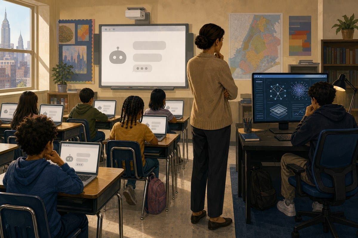Editorial illustration of a classroom separating younger students from a supervised high-school AI lesson.