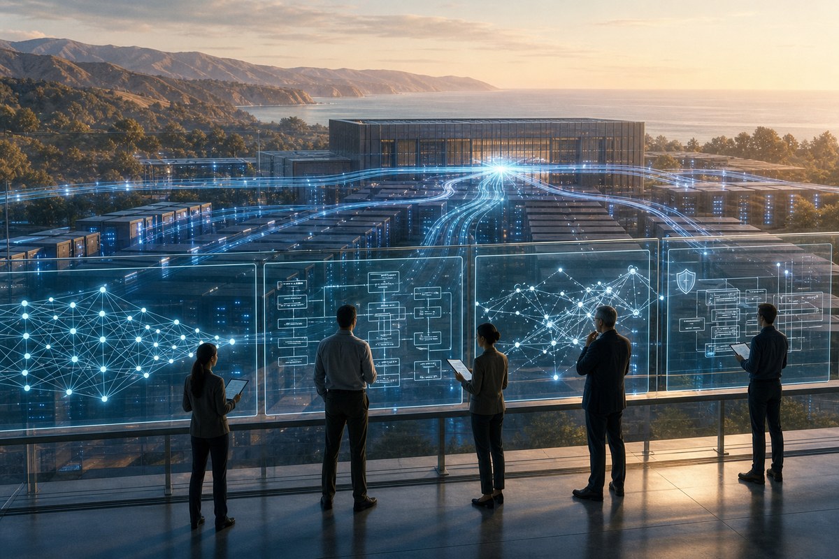 Abstract data center and AI network viewed through transparent oversight panels.