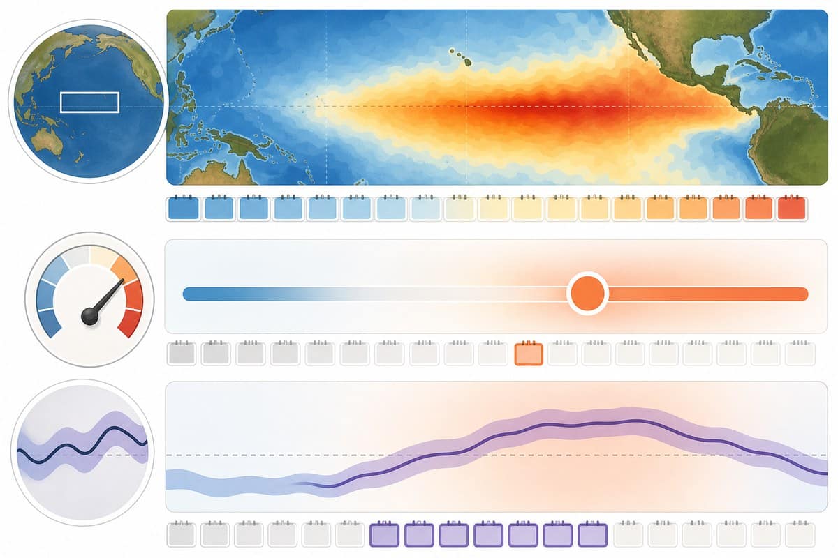 Conceptual illustration showing monthly, weekly and three-month climate measurements as separate layers.