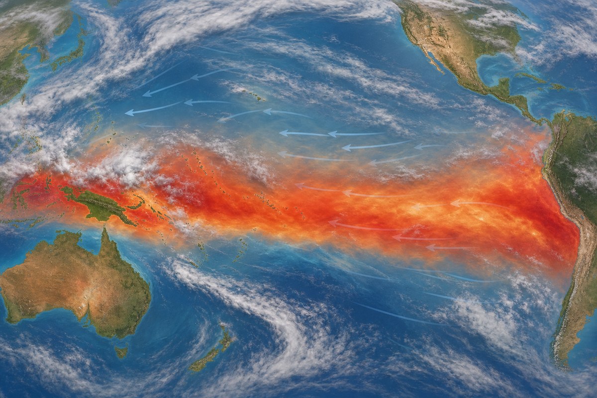 Illustration of unusually warm water spreading across the tropical Pacific with shifting cloud patterns.