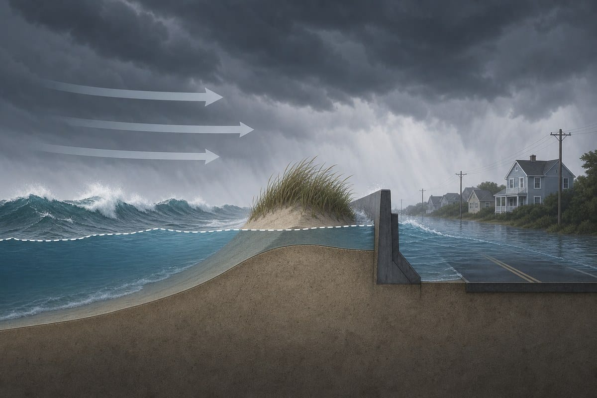 Conceptual shoreline illustration showing wind and high tide pushing water toward a low road.